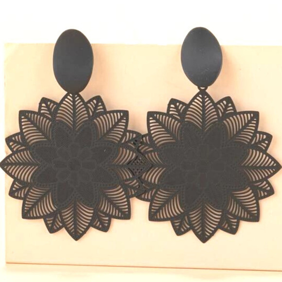 Black Dangle Earrings Boho Floral Flower Drop Earrings Vintage Design Sunflower - Picture 2 of 4